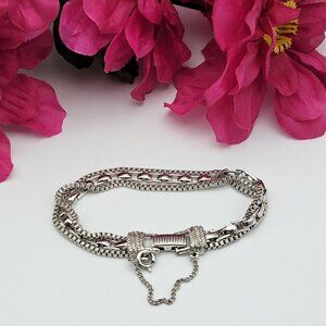 Goldette Bracelet Silver Tone Three-Row Fold Over Clasp Safety Chain 7 Inch